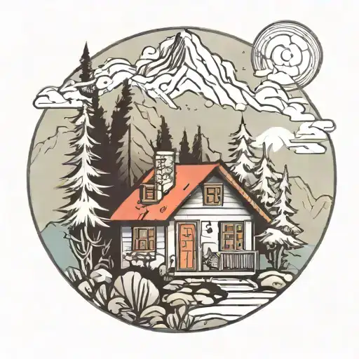 A tattoo of a small house nestled among trees with mountains and slopes in the background, symbolizing freedom and peace tattoo design idea