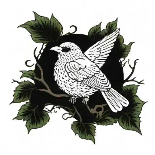 A protective mother bird watching over her nest in a lush green tree tattoo design idea