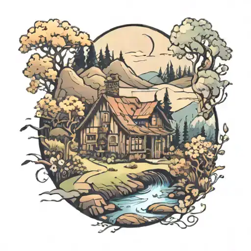 A peaceful meadow with a winding river and a cozy cabin, evoking a sense of peace and love for nature tattoo design idea