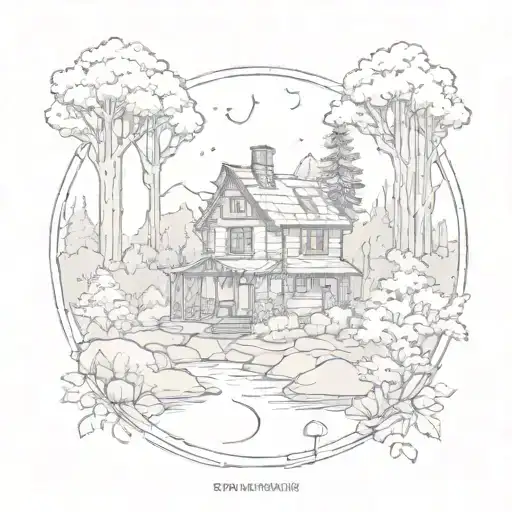 A dreamy tattoo of a peaceful forest with a small house hidden among the trees, conveying a sense of home and tranquility tattoo design idea