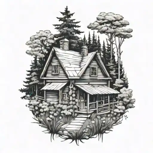 A rustic cabin hidden in a dense forest with wildflowers blooming around it, symbolizing seclusion and tranquility tattoo design idea