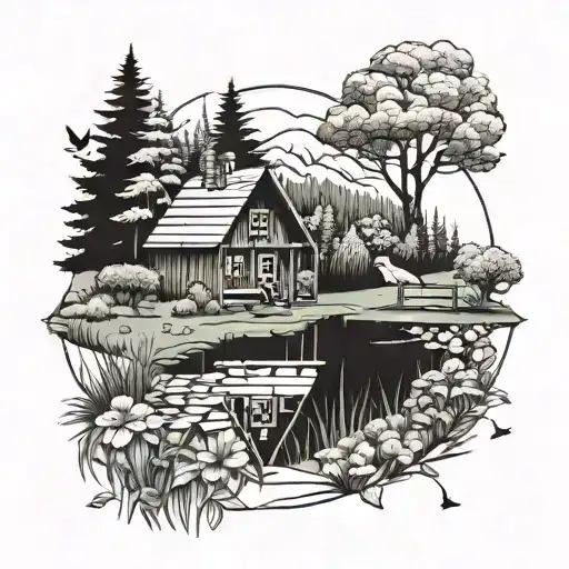 A peaceful meadow with a winding river and a cozy cabin, evoking a sense of peace and love for nature tattoo design idea