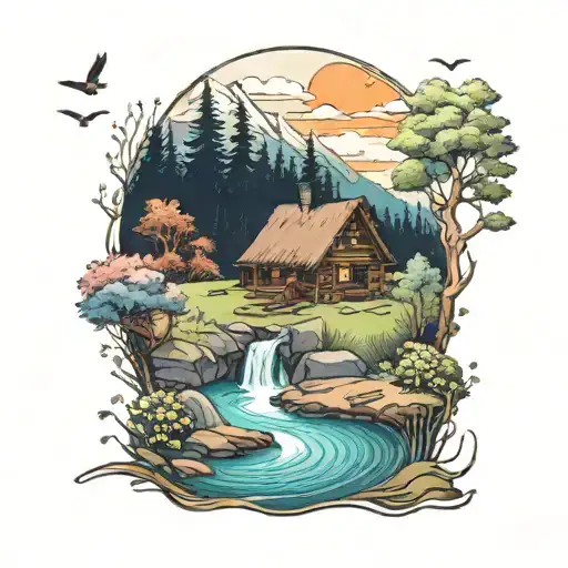 A peaceful meadow with a winding river and a cozy cabin, evoking a sense of peace and love for nature tattoo design idea