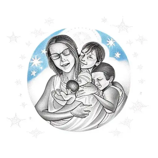 A tattoo of a mother embracing her children under a starry sky, symbolizing eternal love and guidance tattoo design idea
