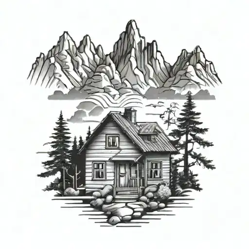 A tattoo of a small house nestled among trees with mountains and slopes in the background, symbolizing freedom and peace tattoo design idea