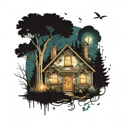 A mystical forest filled with towering trees and sparkling fireflies, with a quaint cottage hidden among the foliage, embodying the sense of freedom and peace found in nature tattoo design idea