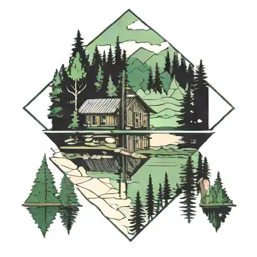 A serene image of a tranquil lake surrounded by lush green trees, with a cozy cabin in the background, symbolizing the beauty of nature and the comfort of home tattoo design idea
