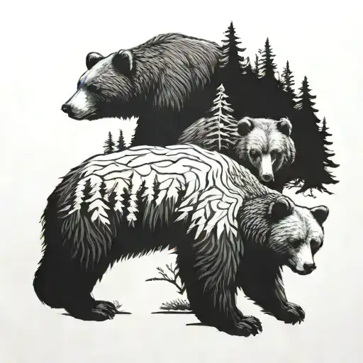 A tranquil forest scene with a mother bear and her cubs, symbolizing strength and protection tattoo design idea