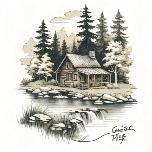 A peaceful meadow with a winding river and a cozy cabin, evoking a sense of peace and love for nature tattoo design idea