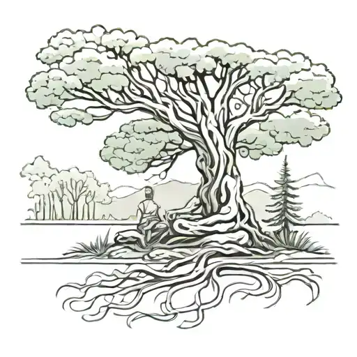 A serene forest landscape with a meditating figure under a tree, symbolizing a connection with nature and inner peace tattoo design idea