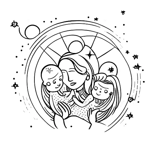 A tattoo of a mother embracing her children under a starry sky, symbolizing eternal love and guidance tattoo design idea