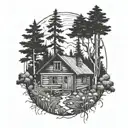A rustic cabin hidden in a dense forest with wildflowers blooming around it, symbolizing seclusion and tranquility tattoo design idea