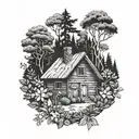 A rustic cabin hidden in a dense forest with wildflowers blooming around it, symbolizing seclusion and tranquility tattoo design idea