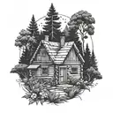 A rustic cabin hidden in a dense forest with wildflowers blooming around it, symbolizing seclusion and tranquility tattoo design idea