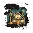 A mystical forest filled with towering trees and sparkling fireflies, with a quaint cottage hidden among the foliage, embodying the sense of freedom and peace found in nature tattoo design idea