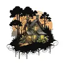 A mystical forest filled with towering trees and sparkling fireflies, with a quaint cottage hidden among the foliage, embodying the sense of freedom and peace found in nature tattoo design idea