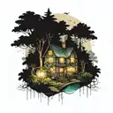 A mystical forest filled with towering trees and sparkling fireflies, with a quaint cottage hidden among the foliage, embodying the sense of freedom and peace found in nature tattoo design idea