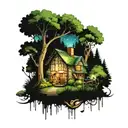 A mystical forest filled with towering trees and sparkling fireflies, with a quaint cottage hidden among the foliage, embodying the sense of freedom and peace found in nature tattoo design idea