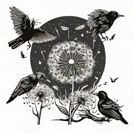 stages of a dandelion flower with blowing seeds and small black birds flying away tattoo design idea