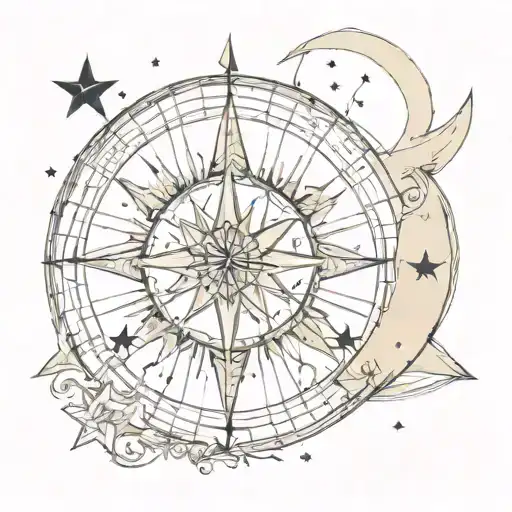 moon and star and Compass tattoo design idea