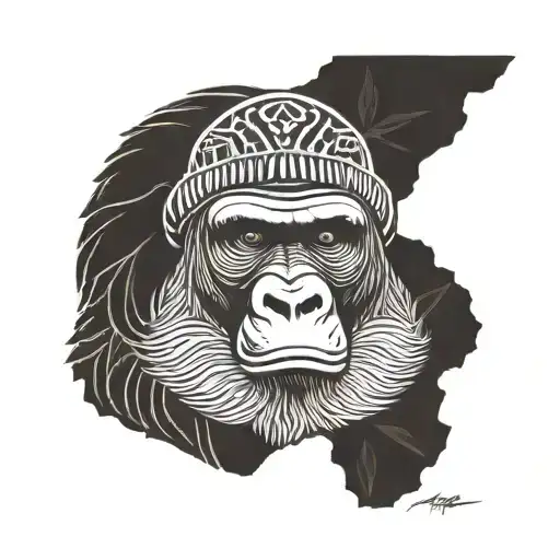 An abstract design featuring a silverback gorilla in a traditional Rwandan headpiece, surrounded by intricate patterns inspired by savanna trees tattoo design idea