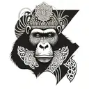 An abstract design featuring a silverback gorilla in a traditional Rwandan headpiece, surrounded by intricate patterns inspired by savanna trees tattoo design idea