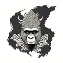 An abstract design featuring a silverback gorilla in a traditional Rwandan headpiece, surrounded by intricate patterns inspired by savanna trees tattoo design idea