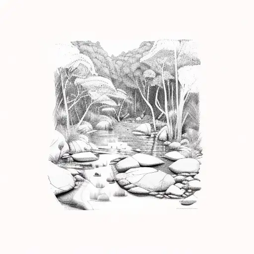 rainforest creek running through australian hills tattoo design idea