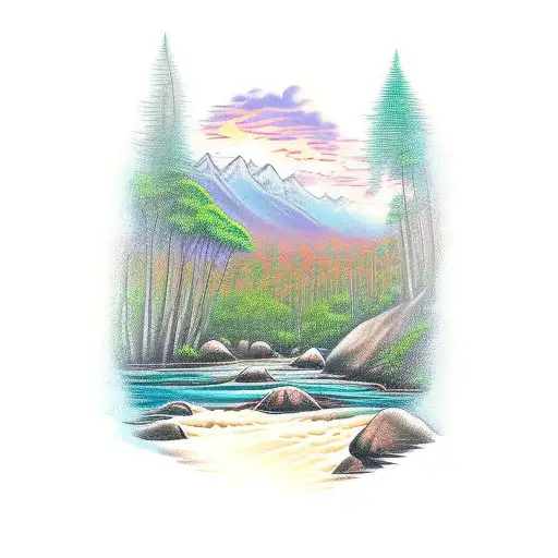 rainforest creek running through australian hills tattoo design idea