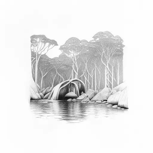 rainforest creek running through australian hills tattoo design idea
