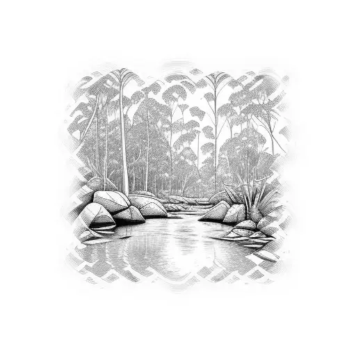 rainforest creek running through australian hills tattoo design idea