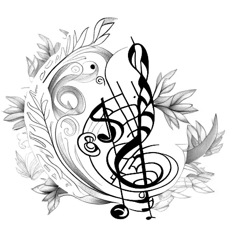 bass clef, leaves growing from bass clef, white background tattoo design idea