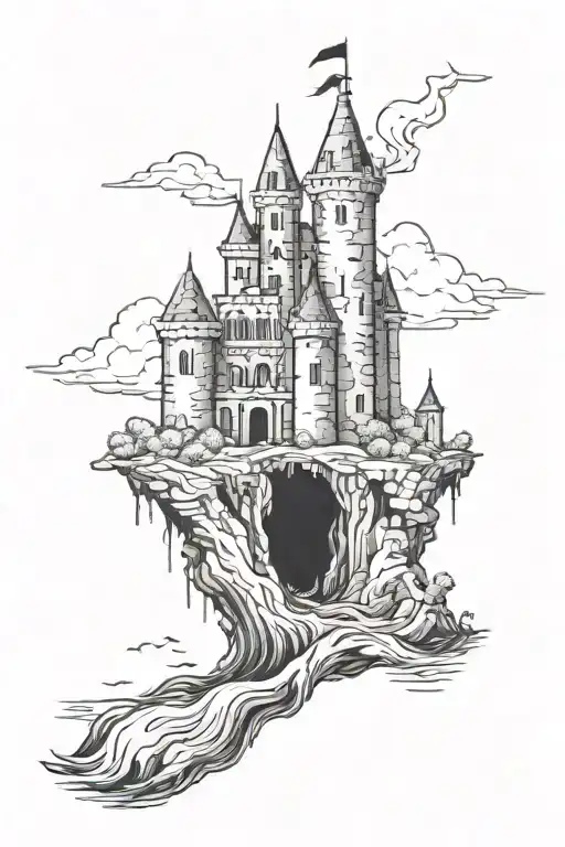  a castle in ruins, in a dark sea tattoo design idea