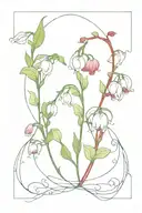 dainty, fineline tattoo featuring delicate flowers called "Lily of the Valley" and "Morning Glory" red strings around tattoo design idea