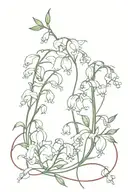 dainty, fineline tattoo featuring delicate flowers called "Lily of the Valley" and "Morning Glory" red strings around tattoo design idea