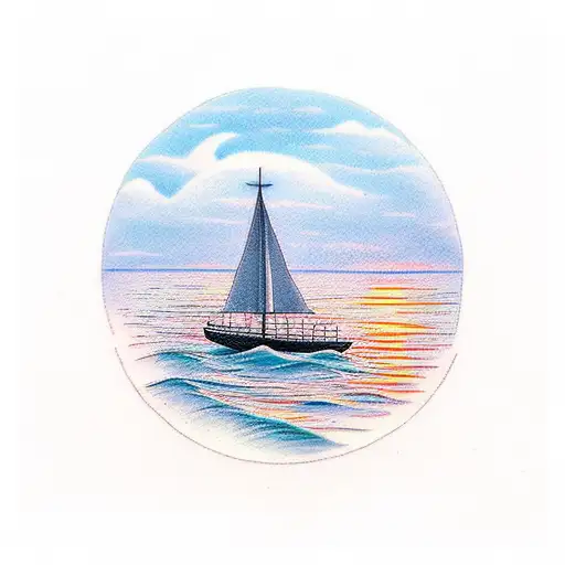 A serene seascape with a solitary sailboat sailing towards a breathtaking sunset on the horizon tattoo design idea