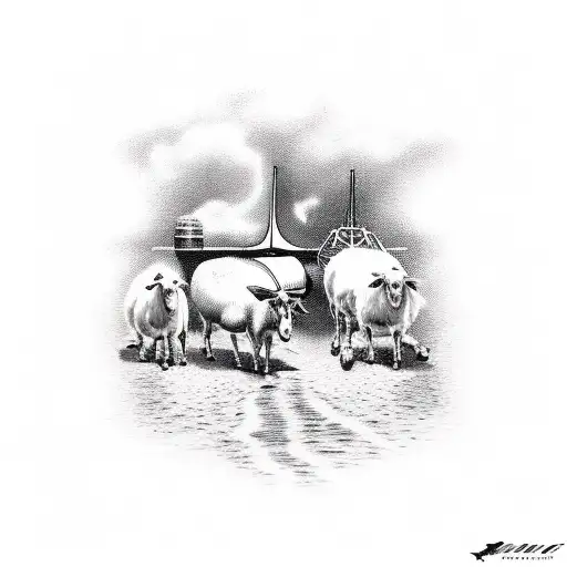 A group of farm animals jamming together in a band on a sailboat tattoo design idea