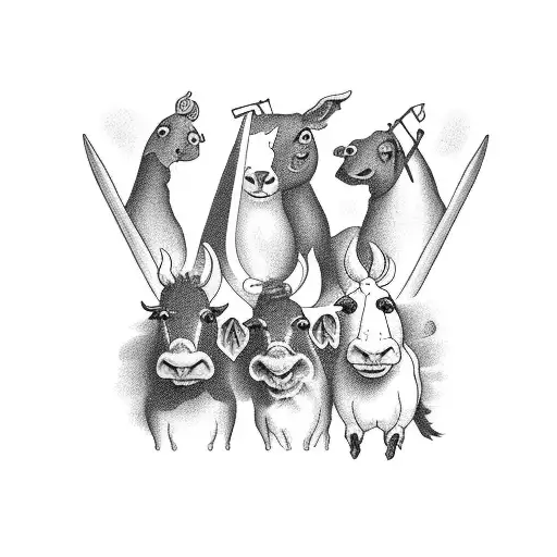 A group of farm animals jamming together in a band on a sailboat tattoo design idea