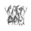 A group of farm animals jamming together in a band on a sailboat tattoo design idea
