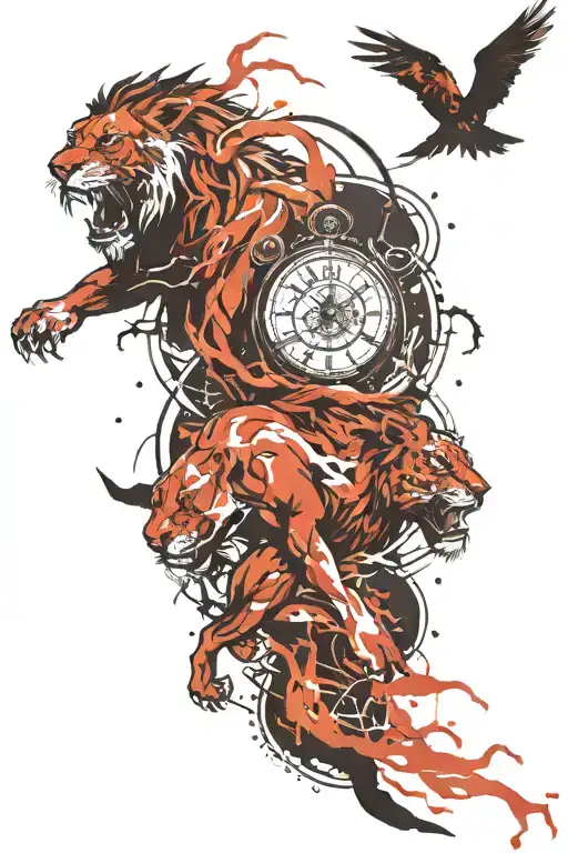 lightning, lion, time and fire combination tattoo tattoo design idea