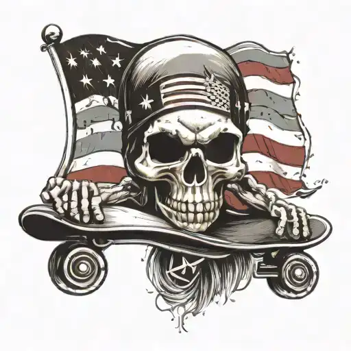 A skull wearing a heavy metal band t-shirt with a skateboard and American flag in the background, showcasing the client's interests in heavy metal, skating, and America tattoo design idea