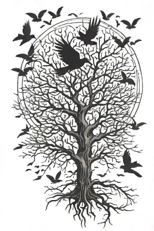 modest dead poison tree and black birds flying above it tattoo design idea