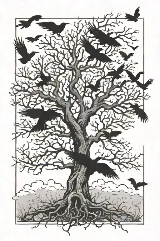 poison tree and black birds flying above tree tattoo design idea