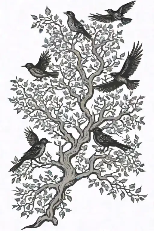 modest poison tree and black birds flying above it tattoo design idea
