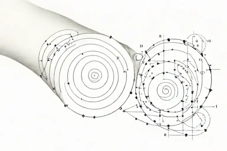 Tattoo on the right arm from shoulder to elbow filled with various different samples of the fibonacci sequence  tattoo design idea