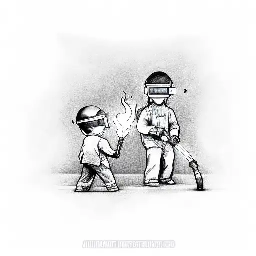 A realistic sketch of a father and child holding a welding torch together tattoo design idea