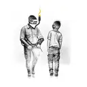 A realistic sketch of a father and child holding a welding torch together tattoo design idea