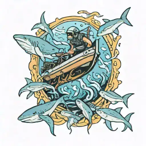 A new-school style tattoo of a diver exploring a sunken ship surrounded by sharks and octopuses tattoo design idea