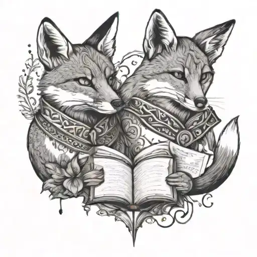 Combine elements of Choctaw and Gaelic culture in a tattoo design featuring a fox and a cat reading books together tattoo design idea