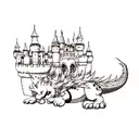 Dragon with white pigoen around a castle tattoo design idea